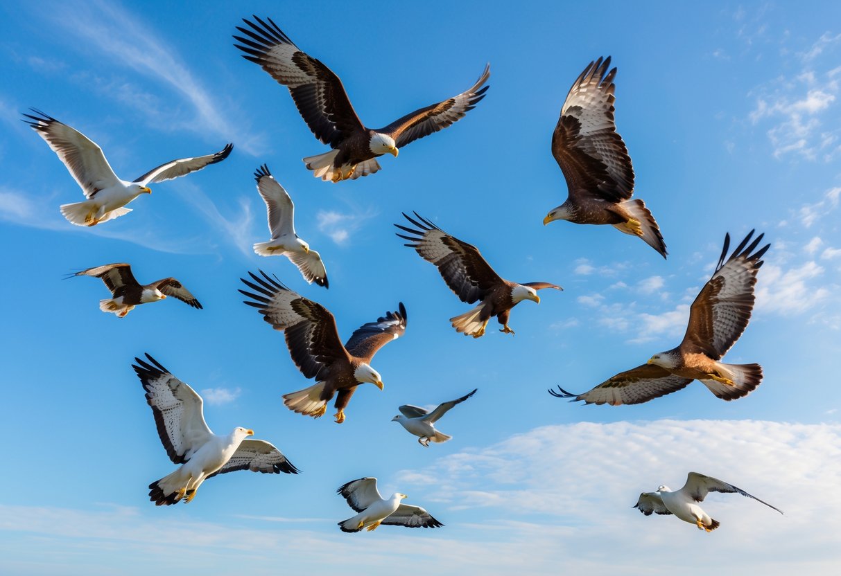 Several different types of birds flying high in a clear blue sky with some clouds.
