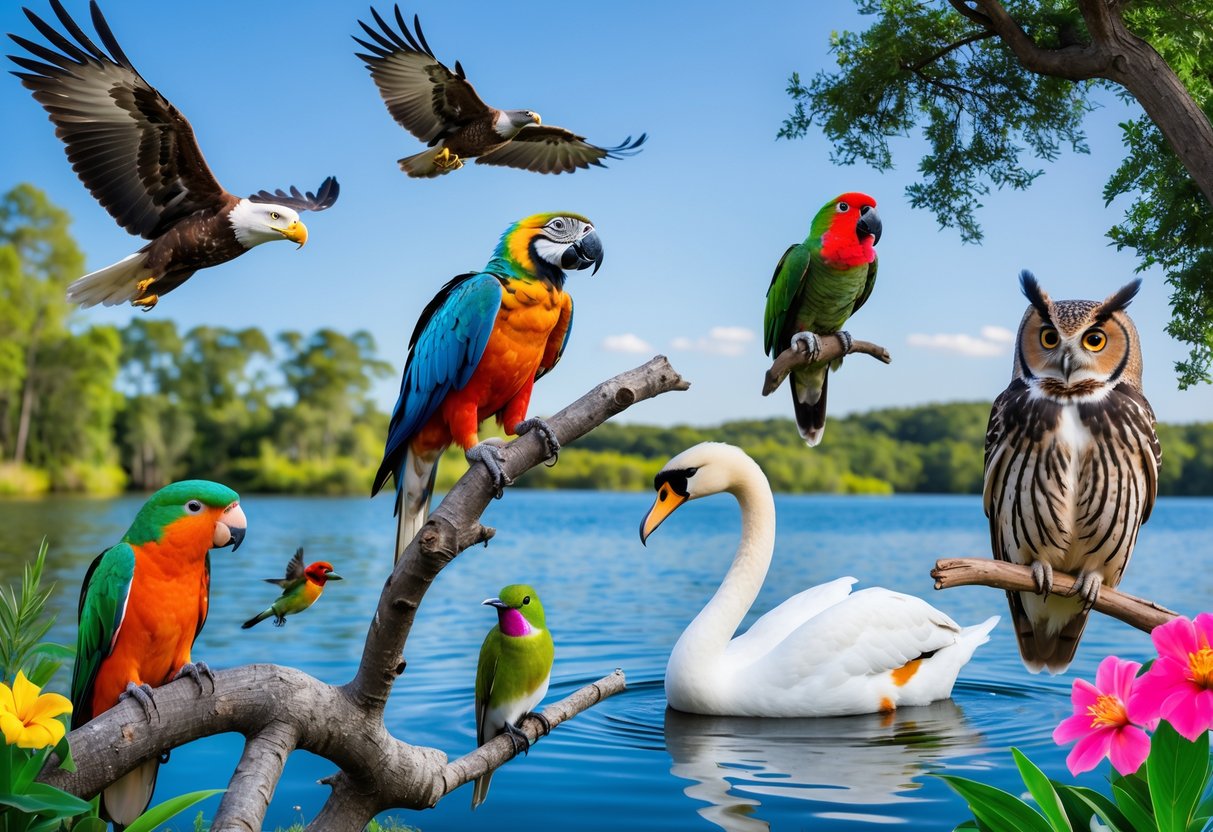 A variety of birds including an eagle, parrot, swan, hummingbird, and owl in a natural outdoor setting with trees, water, and sky.