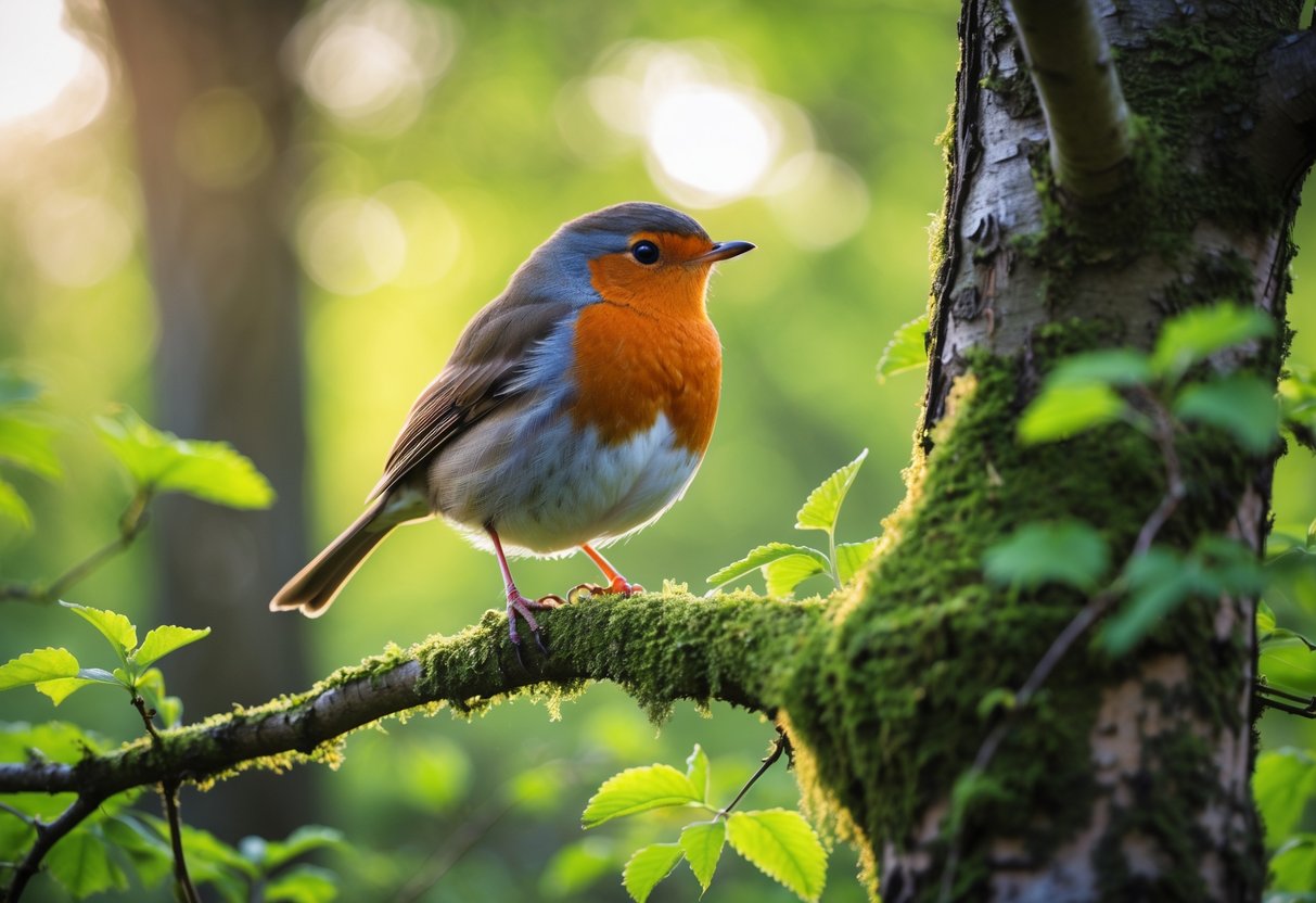 A European Robin perched on a mossy tree branch in a green forest with soft sunlight.
