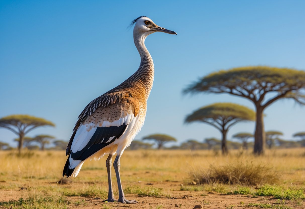 A large Kori Bustard bird standing in a grassy savanna with acacia trees under a clear blue sky.