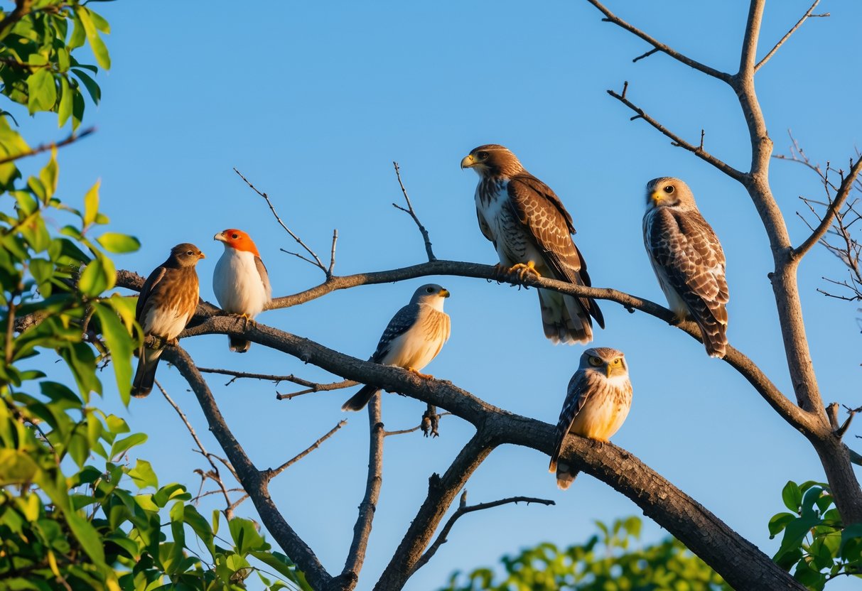 Various birds perched on tree branches in a natural outdoor setting with green foliage and blue sky.