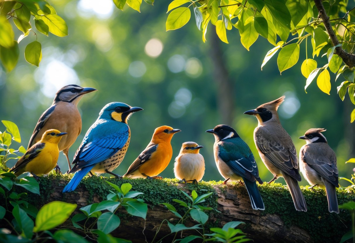 A group of various bird species perched together in a green forest with sunlight filtering through the trees.