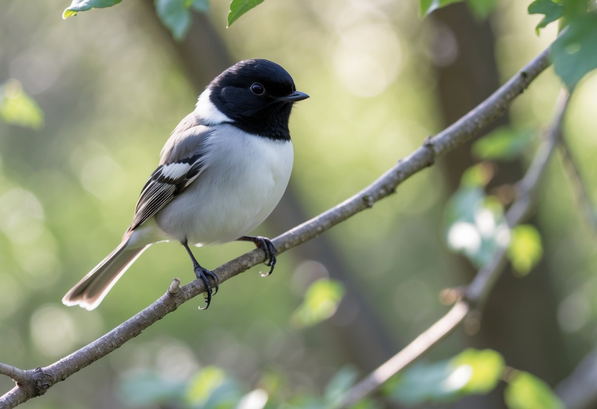 A small black and white bird perched on a branch in a green woodland setting.