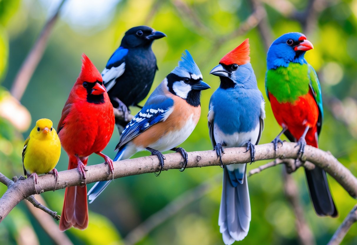 A group of different birds perched on branches with green foliage in the background.