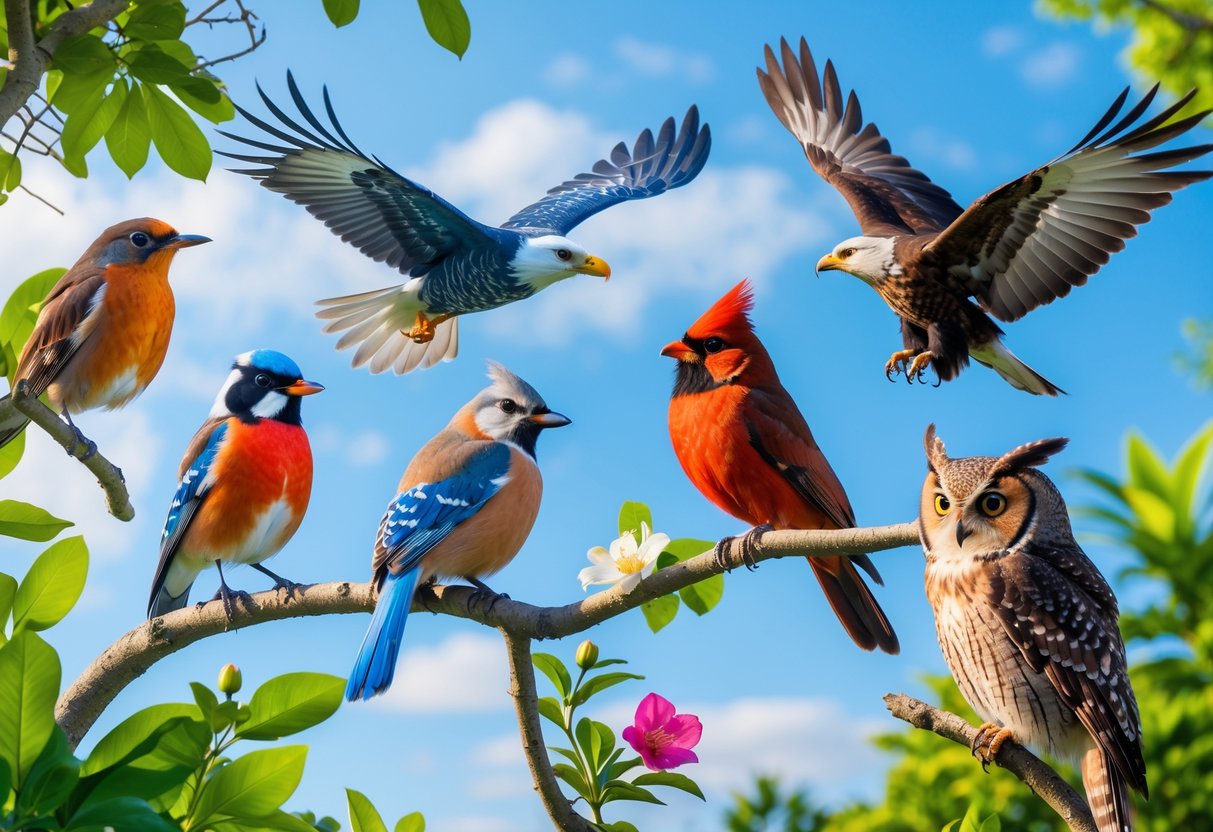 A variety of well-known birds including a robin, bald eagle, blue jay, cardinal, hummingbird, and owl in a natural outdoor setting with trees and a clear sky.