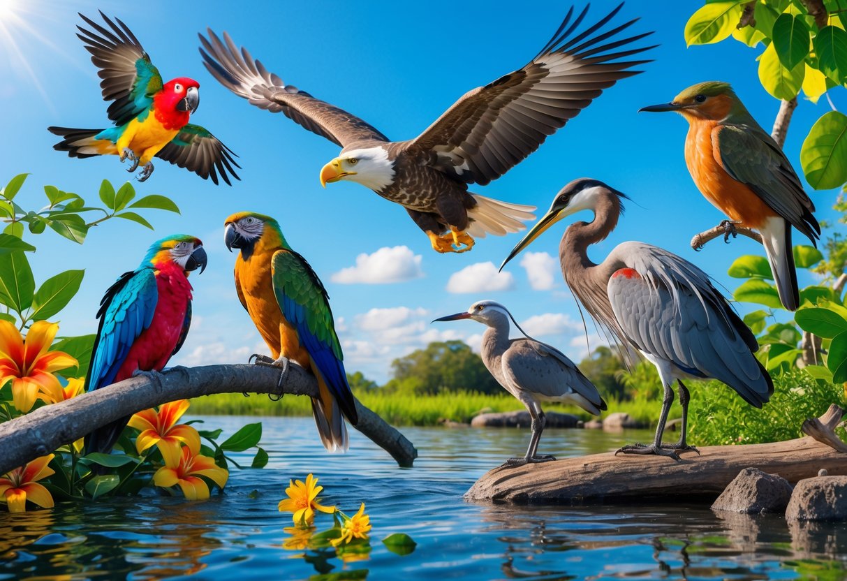 A diverse group of birds including a parrot, eagle, hummingbird, heron, and songbird in a natural outdoor setting with trees, water, and clear sky.