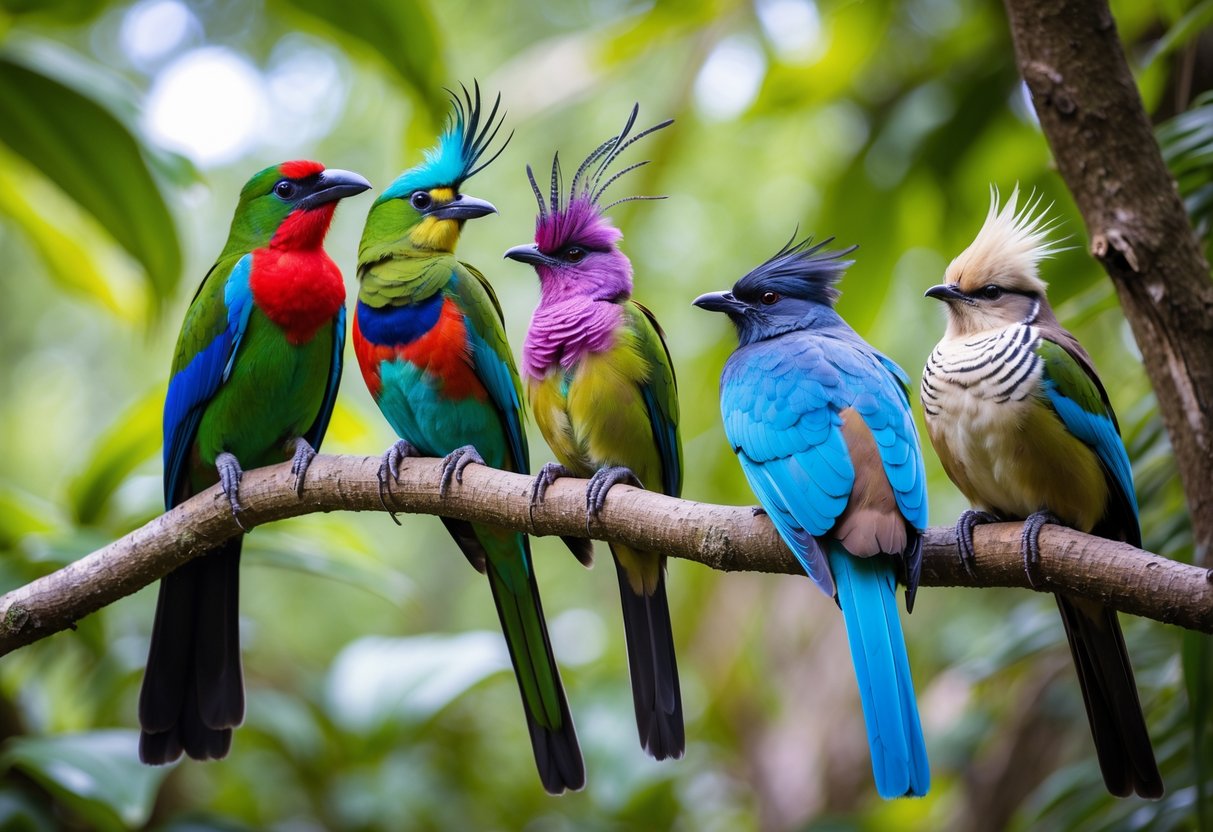 A group of colorful and unique birds perched on branches in a green forest.