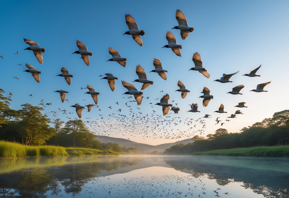A large flock of birds flying over a calm lake surrounded by trees and hills under a clear sky.