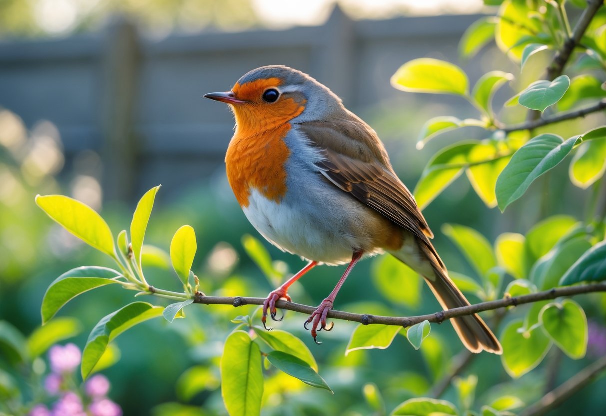 A European robin perched on a branch surrounded by green leaves in a garden.