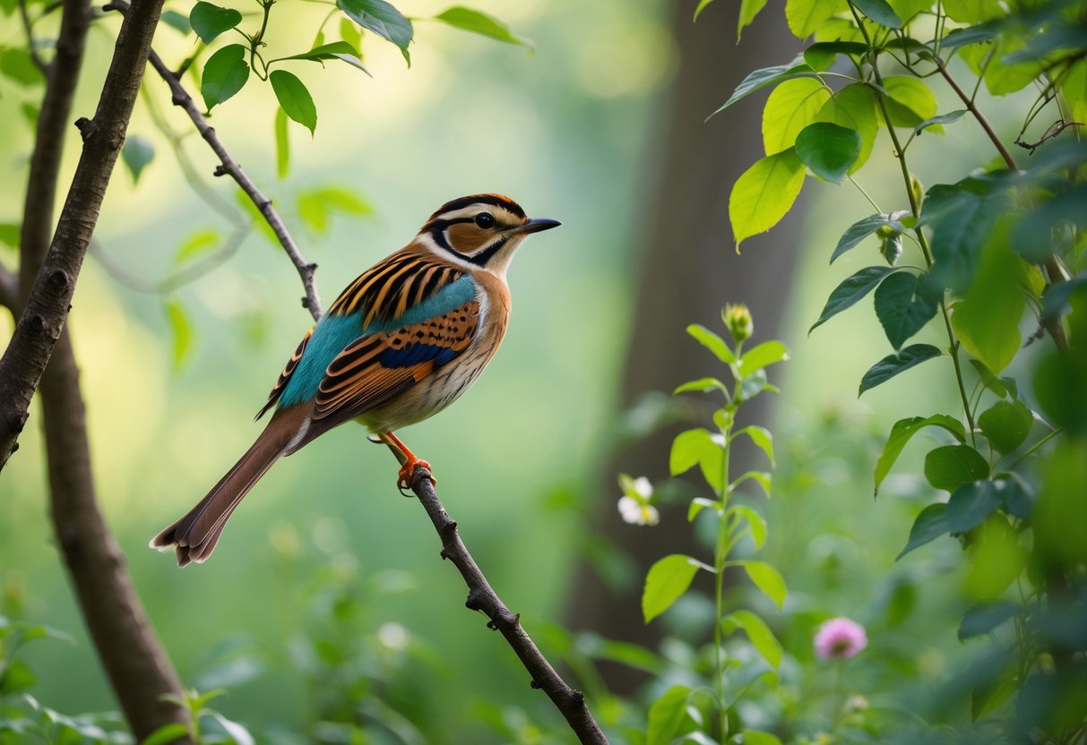 A rare bird with colorful feathers perched on a branch in a green forest.