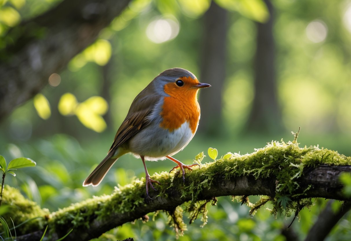 A European robin perched on a mossy branch in a green English woodland.