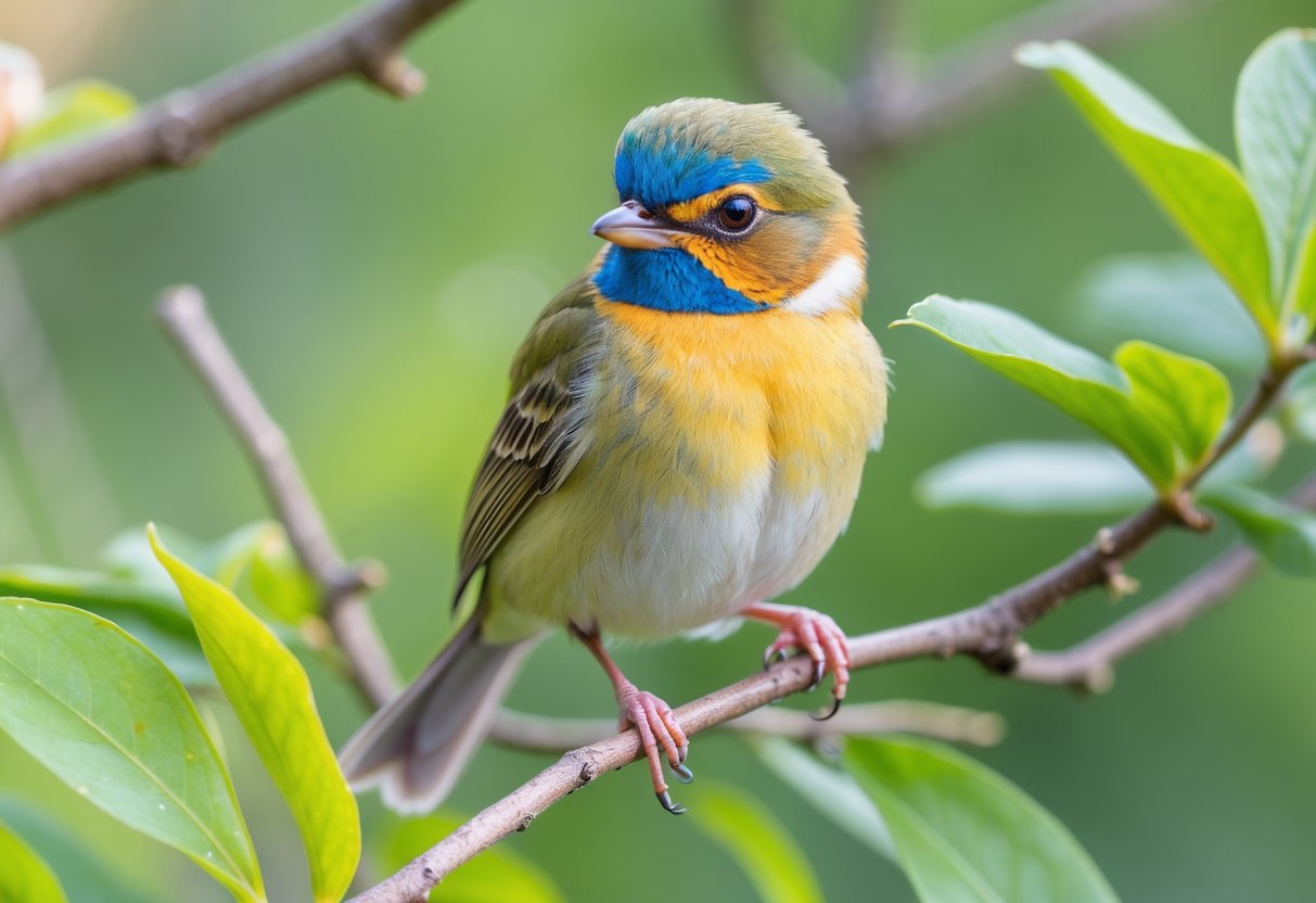 A small colorful bird sitting on a branch surrounded by green leaves.
