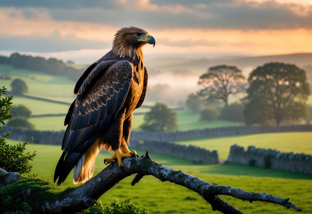 A golden eagle perched on a tree branch overlooking green hills and stone walls under a cloudy sunrise sky.