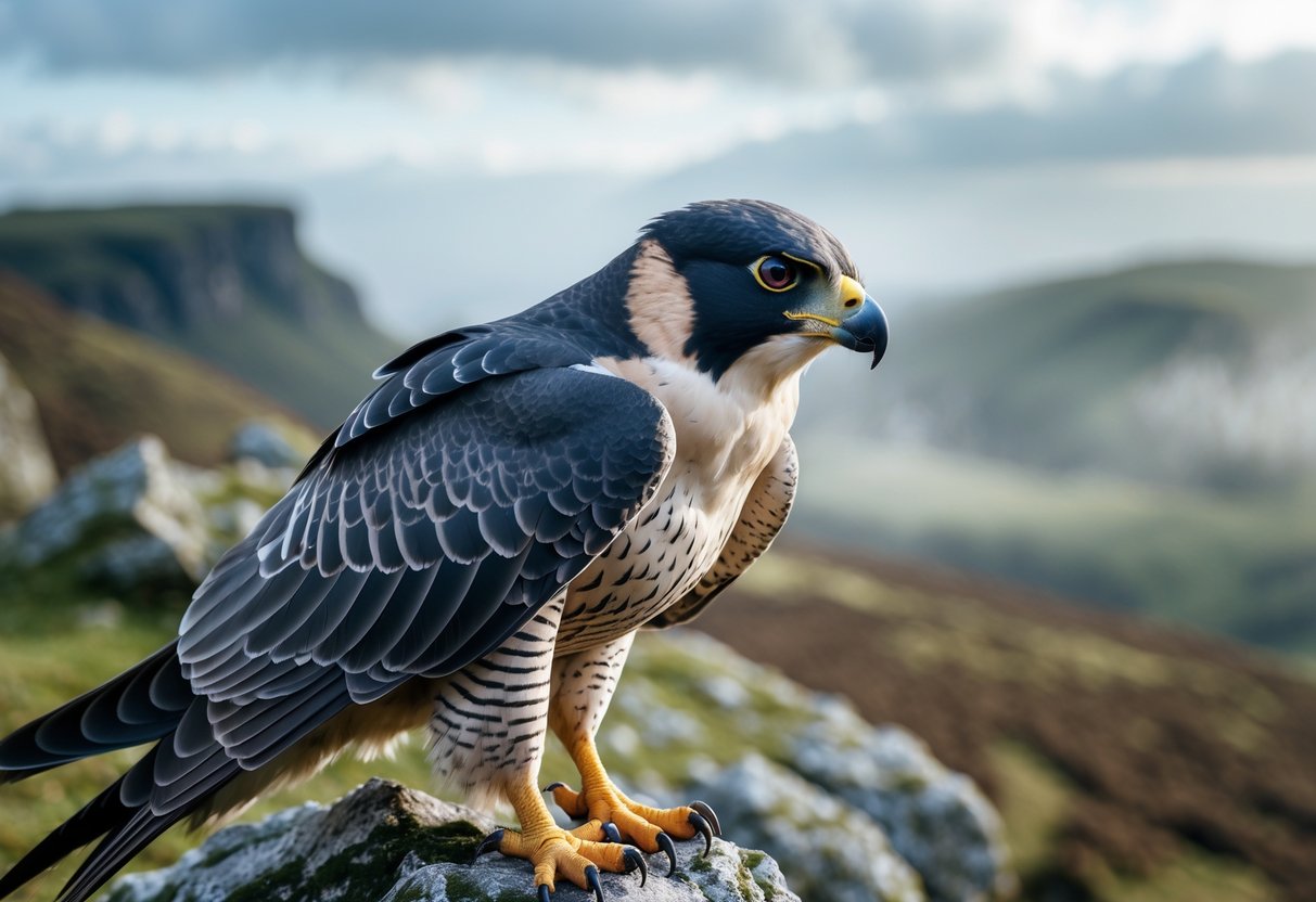 A peregrine falcon perched on a cliff edge overlooking a misty moorland.