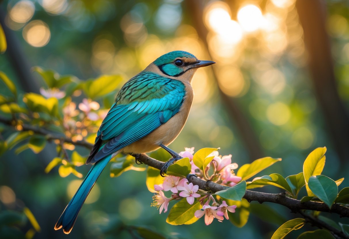A colorful bird perched on a flowering branch in a sunlit forest.