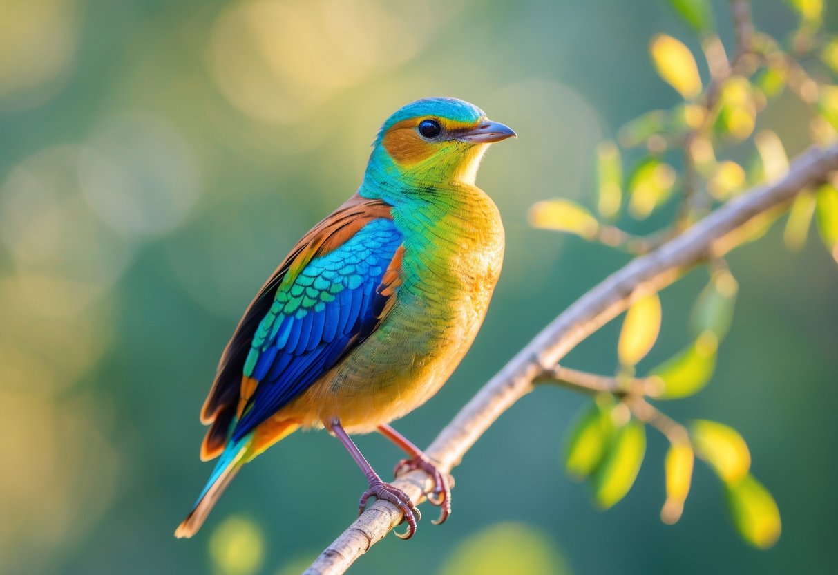 A colorful bird with bright blue, green, and gold feathers perched on a branch against a blurred natural background.