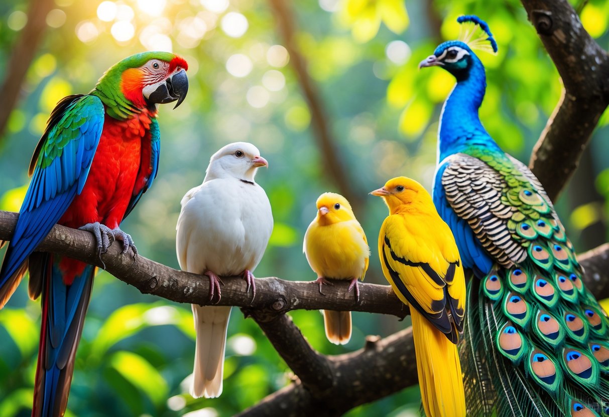 Several colorful birds including a parrot, dove, canary, and peacock perched on branches in a sunlit forest.
