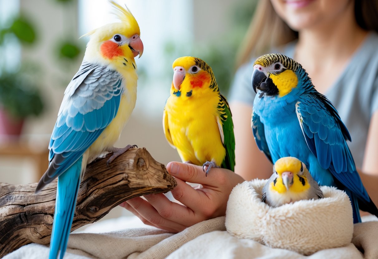 A group of friendly pet birds including a cockatiel, budgerigar, macaw, and lovebird in a bright indoor setting.