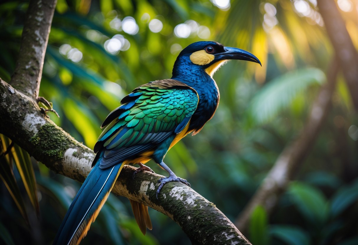 A colorful exotic bird with iridescent feathers perched on a tree branch in a tropical forest.