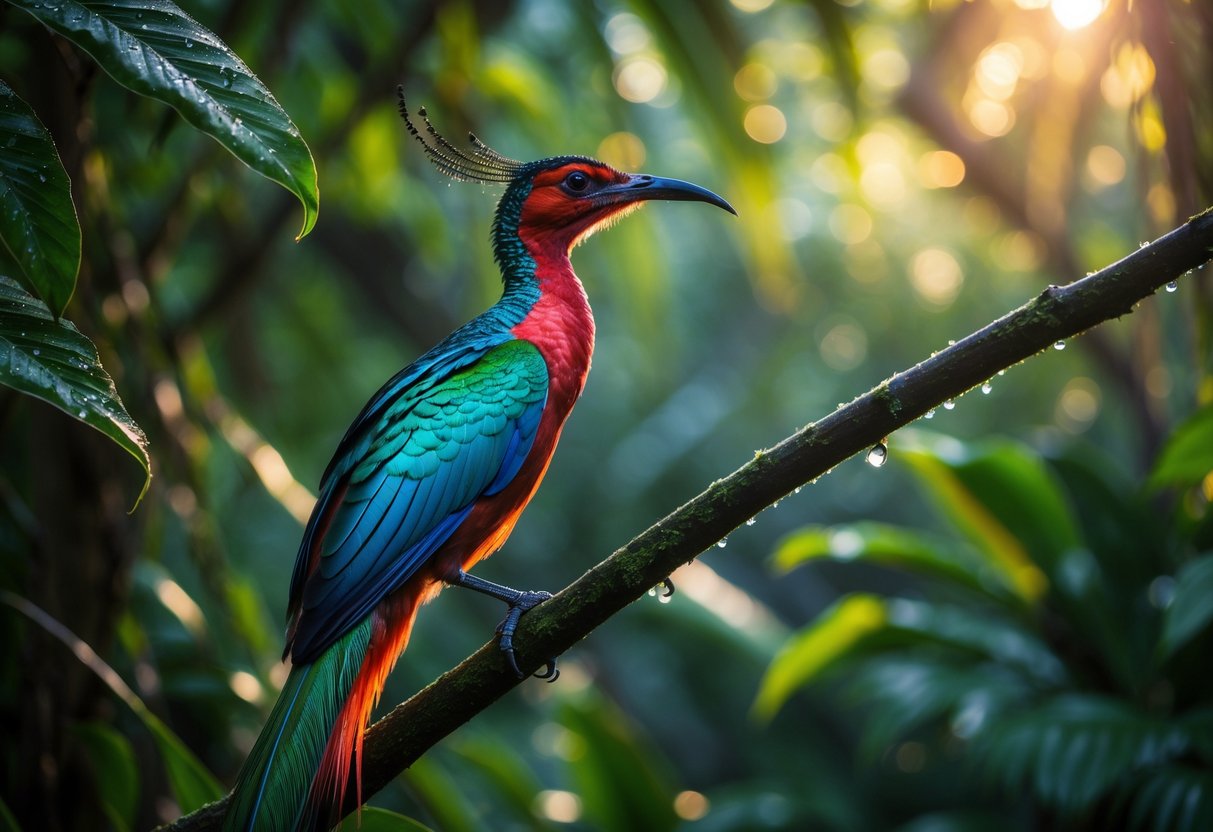 A rare colorful bird perched on a branch in a tropical rainforest with sunlight filtering through the leaves.