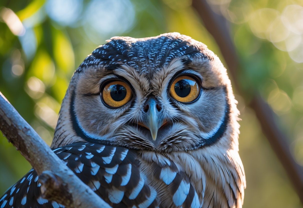 Close-up of a bird with large, beautiful eyes perched on a branch with green foliage in the background.