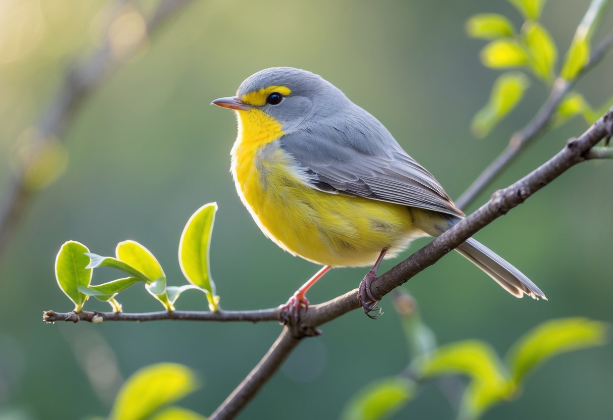 A grey and yellow bird perched on a branch with green leaves in a natural outdoor setting.