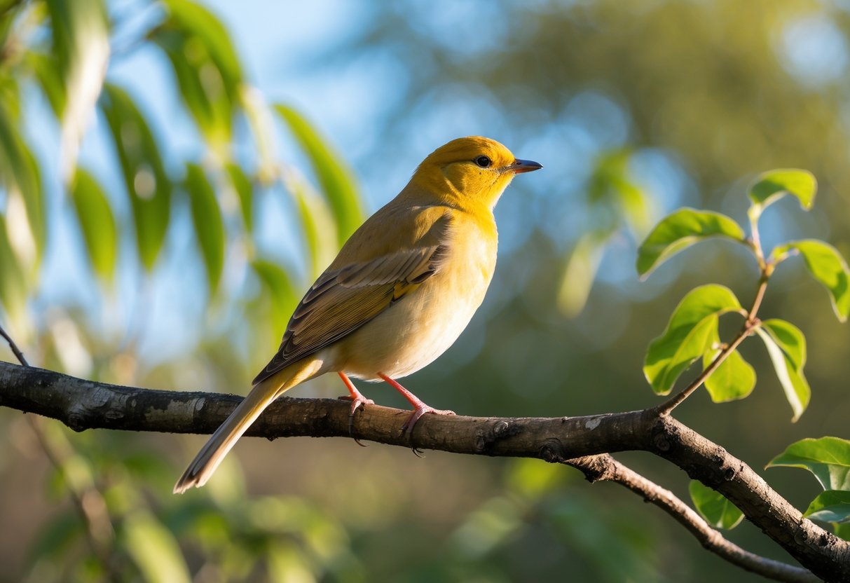 A golden bird perched on a branch in a green woodland setting.
