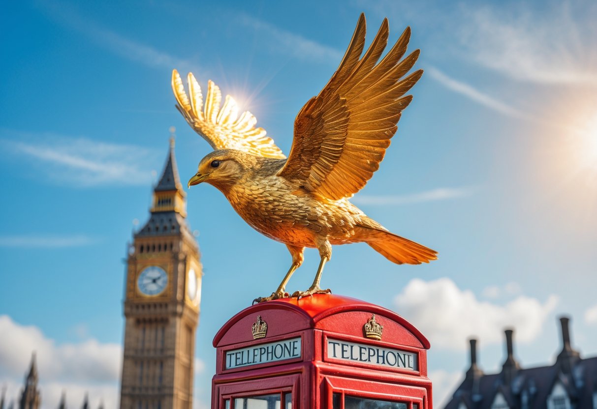 A golden bird perched on a British landmark with a clear sky and cityscape in the background.