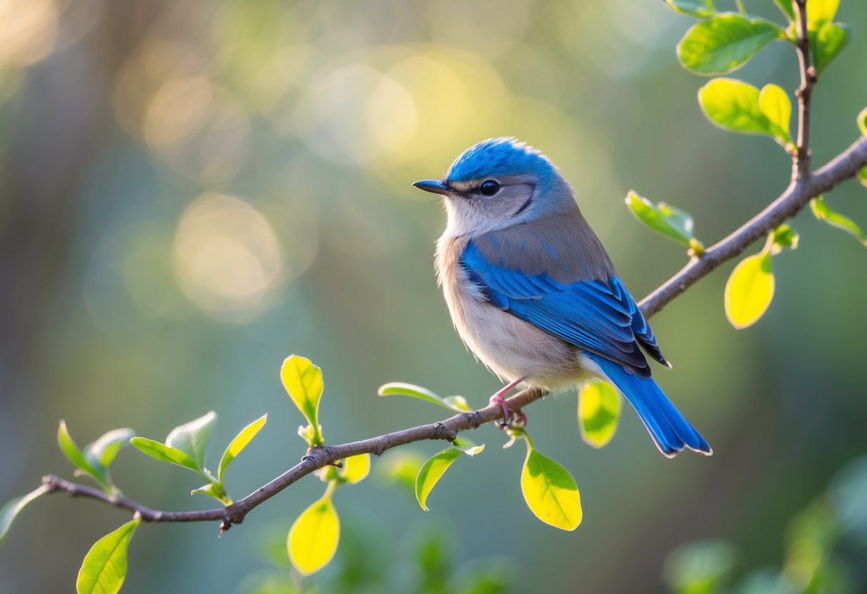A small blue bird perched on a leafy branch in a natural outdoor setting.