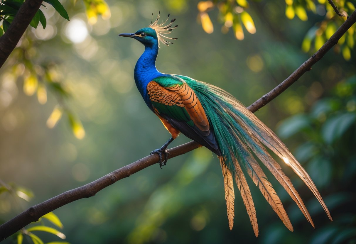 A colorful bird with vibrant blue, green, and gold feathers perched on a tree branch in a forest.