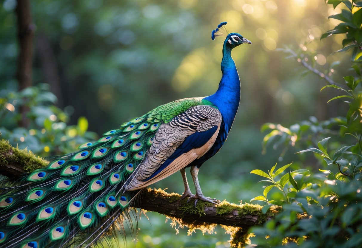 A vibrant peacock with its colorful feathers fully displayed, perched on a branch surrounded by green leaves.