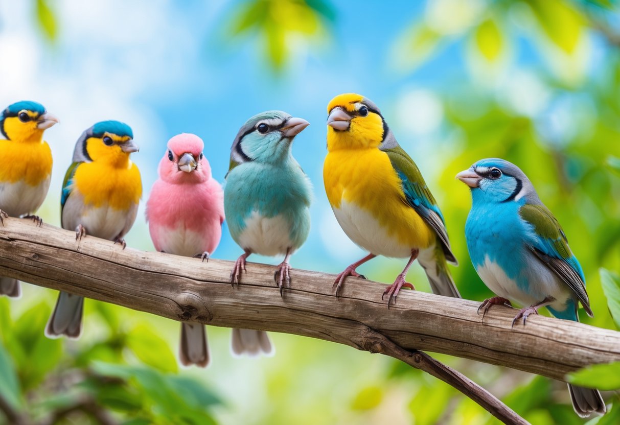 A group of colorful birds perched on a branch, with one bird displaying a cheerful expression that looks like a smile.