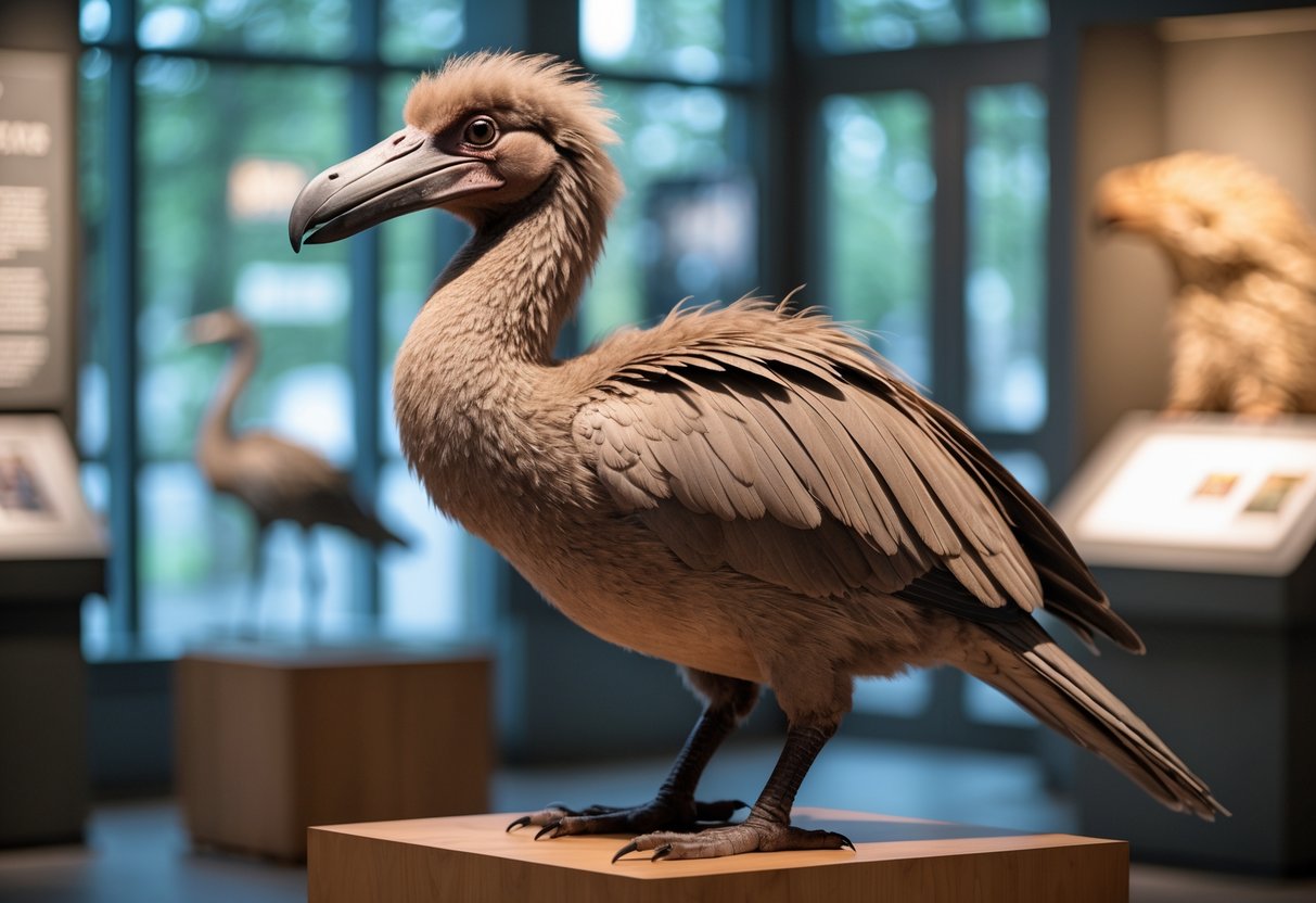 A lifelike taxidermy dodo bird displayed on a wooden pedestal in a museum setting.