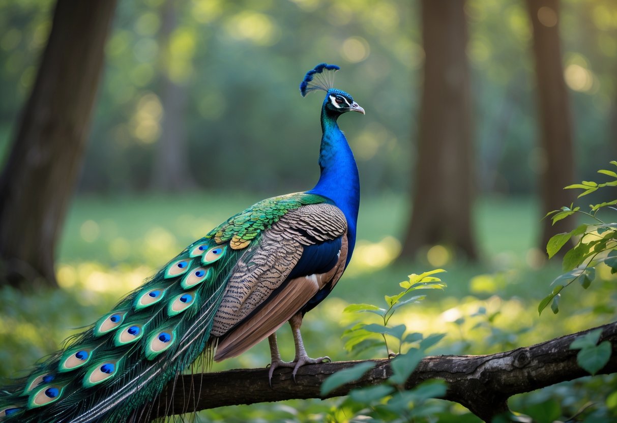 A peacock with its colorful tail feathers fanned out, standing on a branch in a forest clearing.