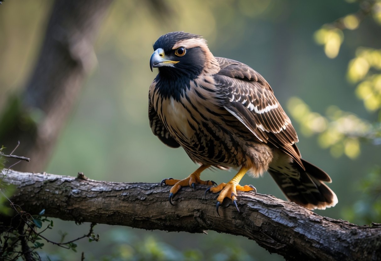 Close-up of a fierce wild bird perched on a branch in a woodland setting.