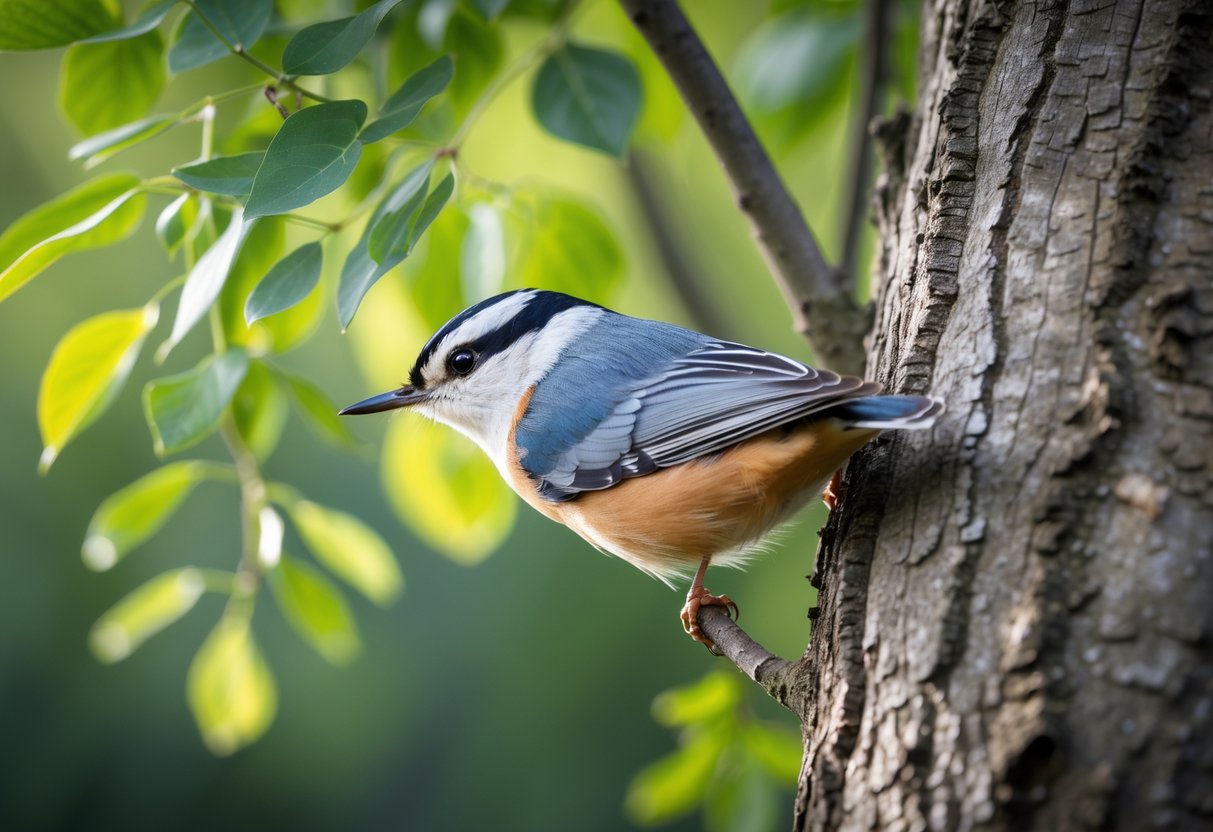 A Eurasian nuthatch perched on a tree trunk in a green woodland.