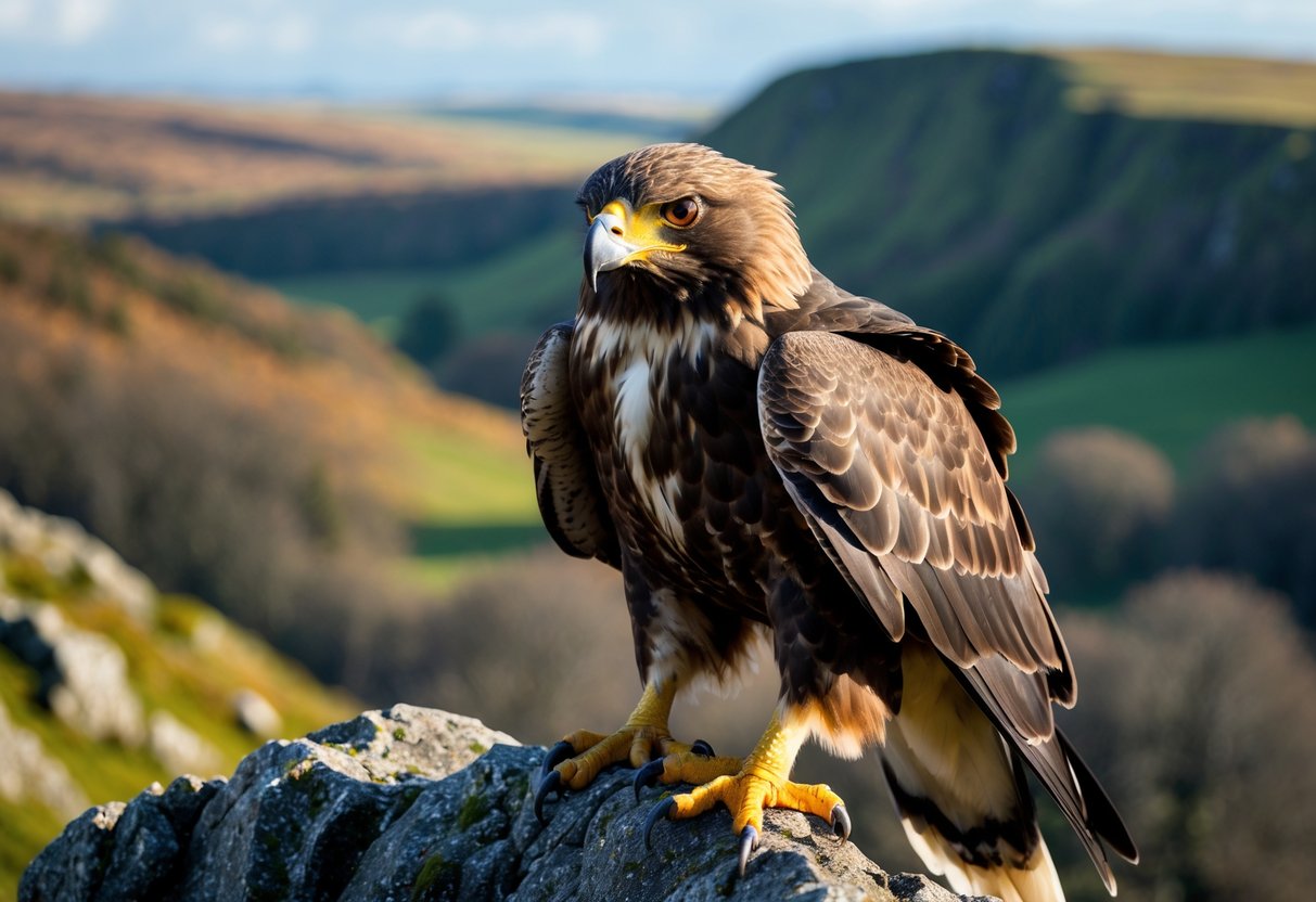 Close-up of a fierce British wild bird perched on a branch with a natural landscape in the background.