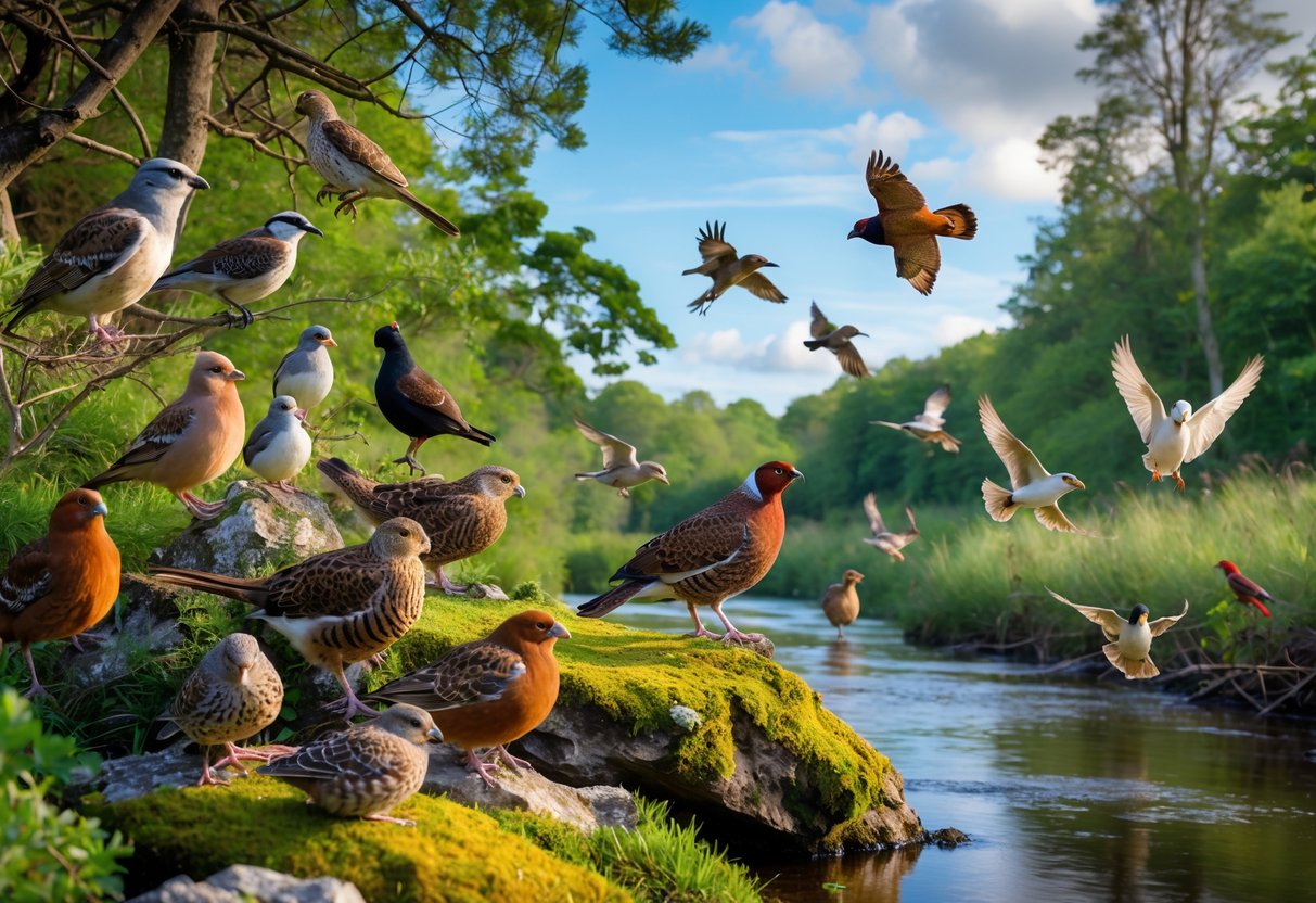 A group of various birds including a red grouse perched on a rock in a green woodland area near a river under a blue sky.