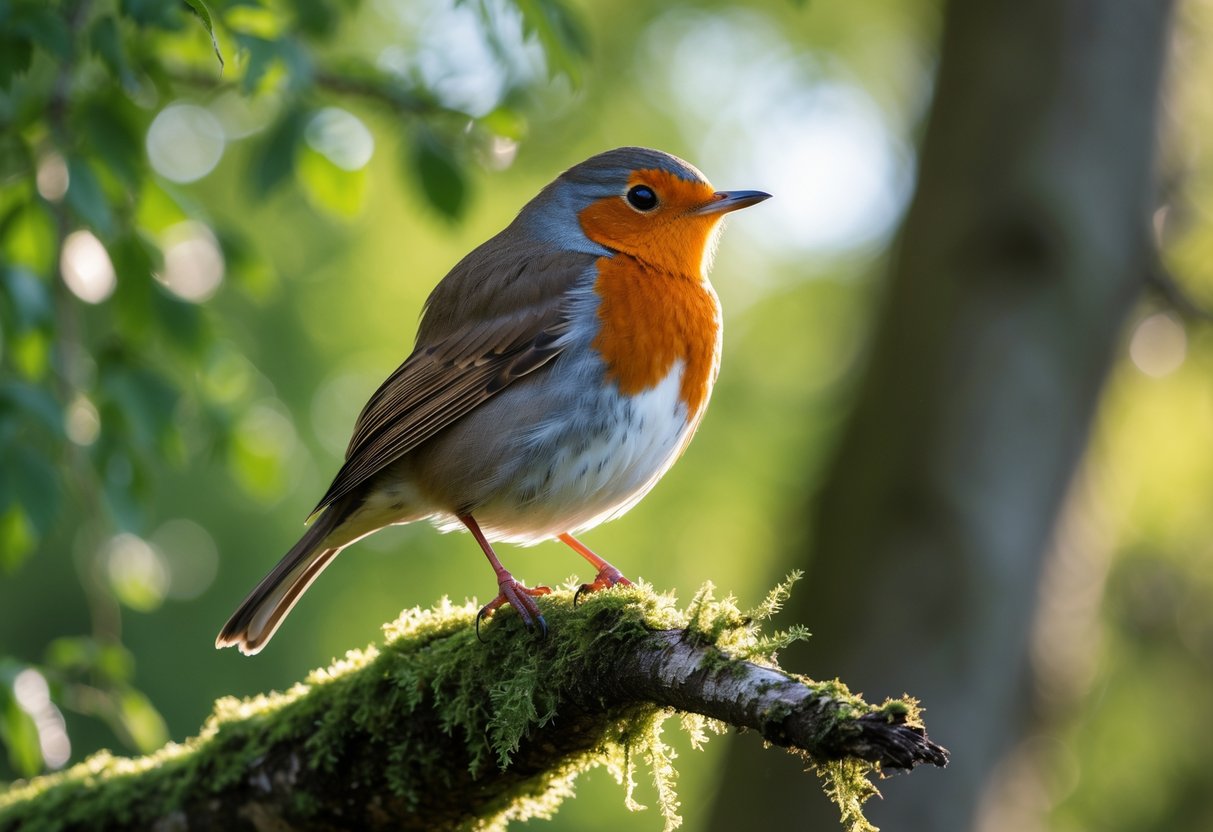 A European Robin perched on a mossy tree branch in a green woodland with sunlight filtering through the trees.