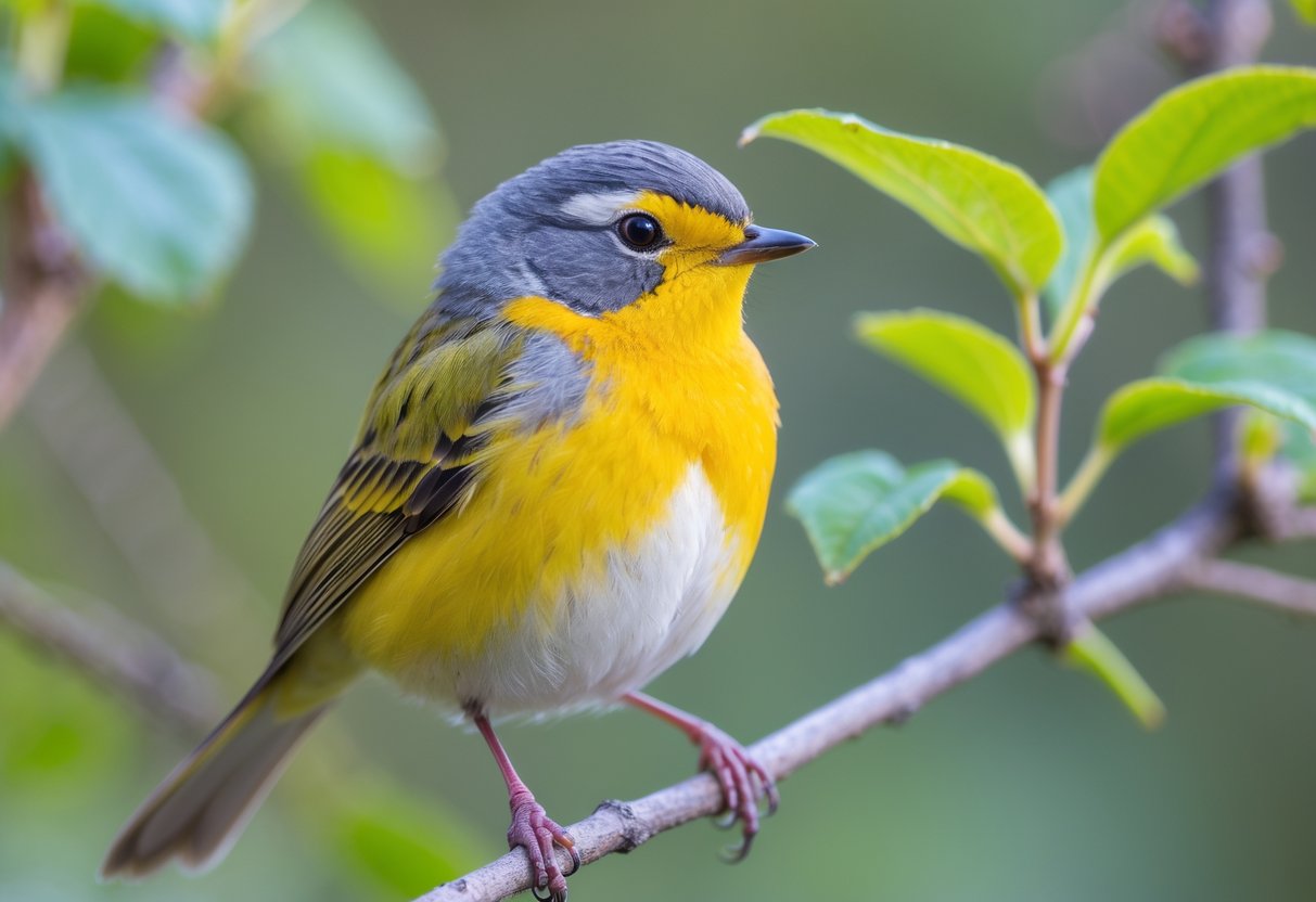 A small yellow and grey bird perched on a branch with green leaves in a natural outdoor setting.