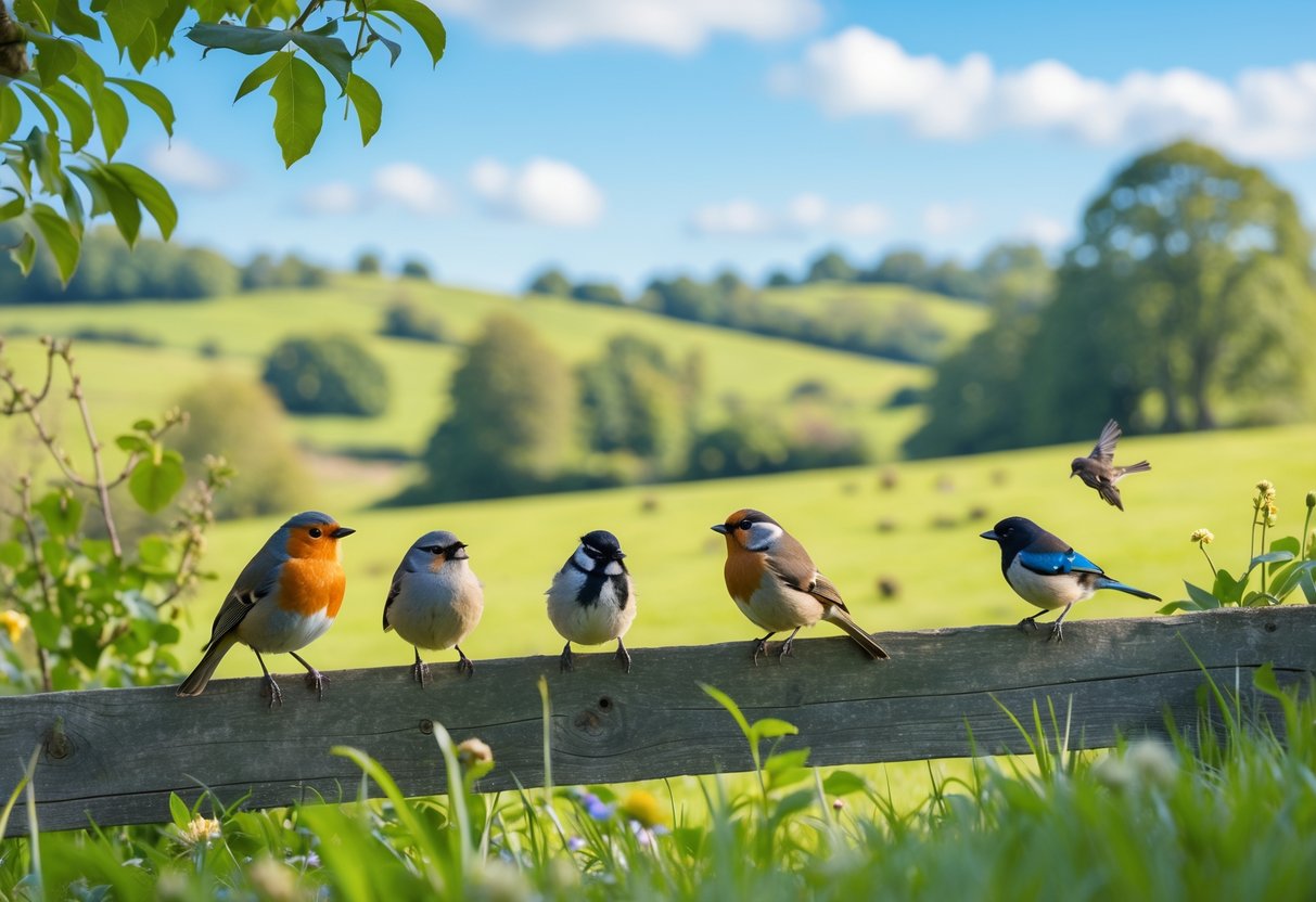 A group of common UK wild birds including a robin, sparrow, blue tit, and blackbird in a green countryside setting with trees and hills.