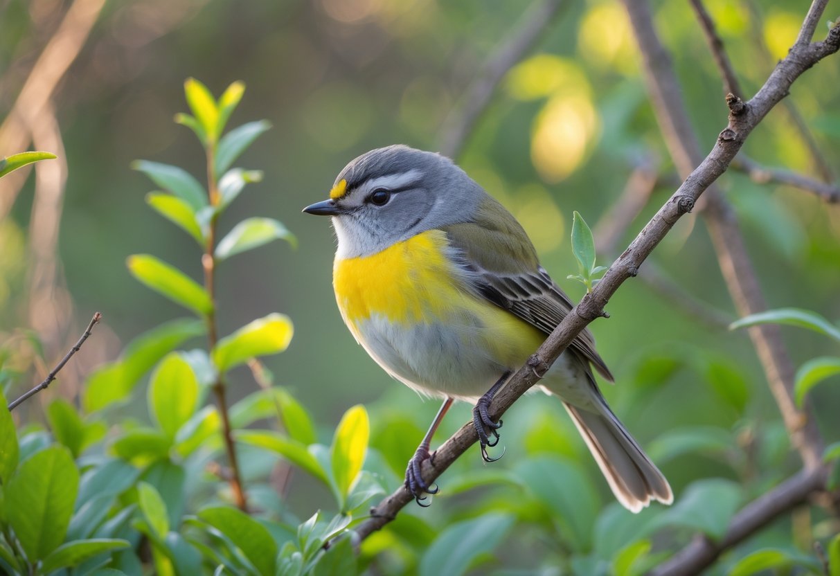 A small yellow and grey bird perched on a branch surrounded by green leaves in a natural woodland setting.
