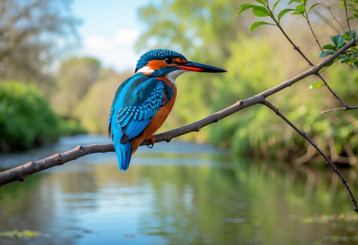 A colorful Eurasian kingfisher perched on a branch over a calm river with green foliage in the background.