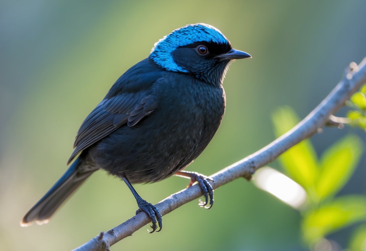 A small black bird with a shiny blue head perched on a branch in a natural outdoor setting.