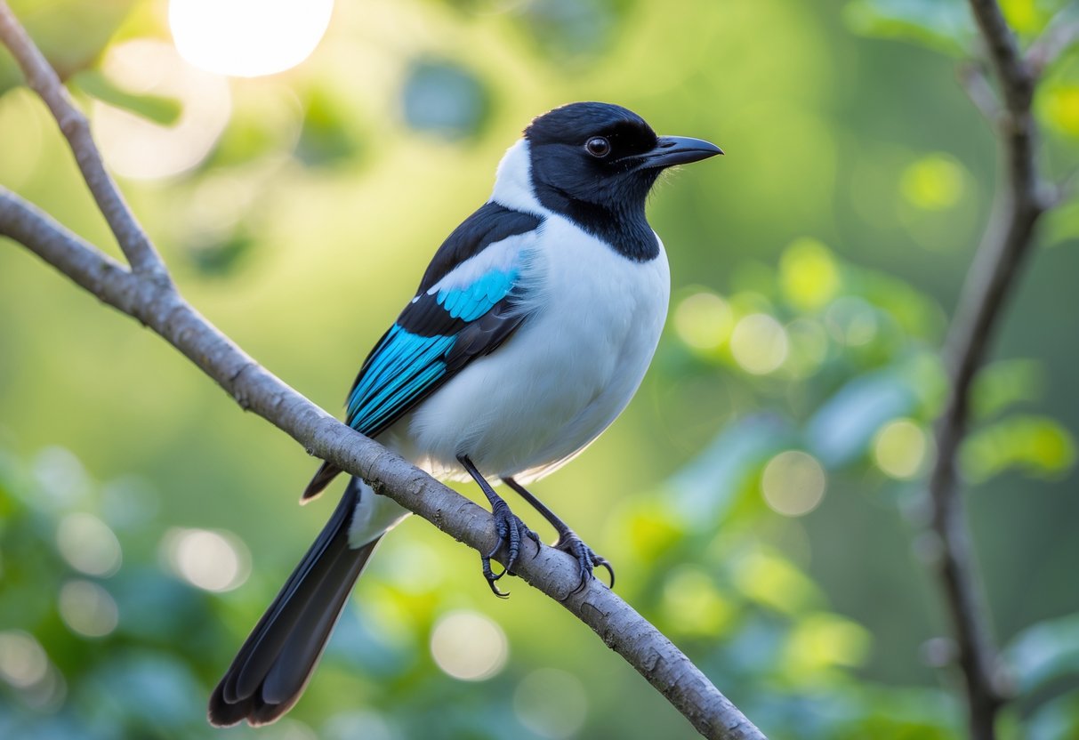 A small black and white bird with blue and green highlights perched on a tree branch in a green natural setting.