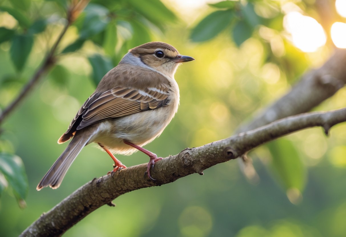 A small common bird perched on a tree branch with green forest background.