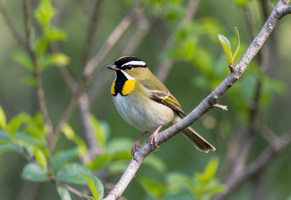 A small goldcrest bird with a yellow stripe on its head perched on a tree branch surrounded by green leaves.