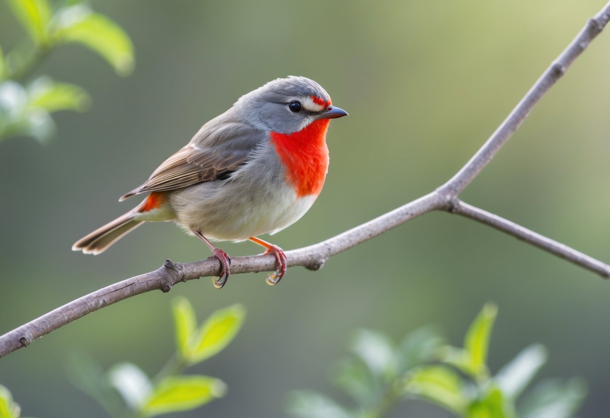 A small grey bird with a red chest perched on a branch against a blurred green background.