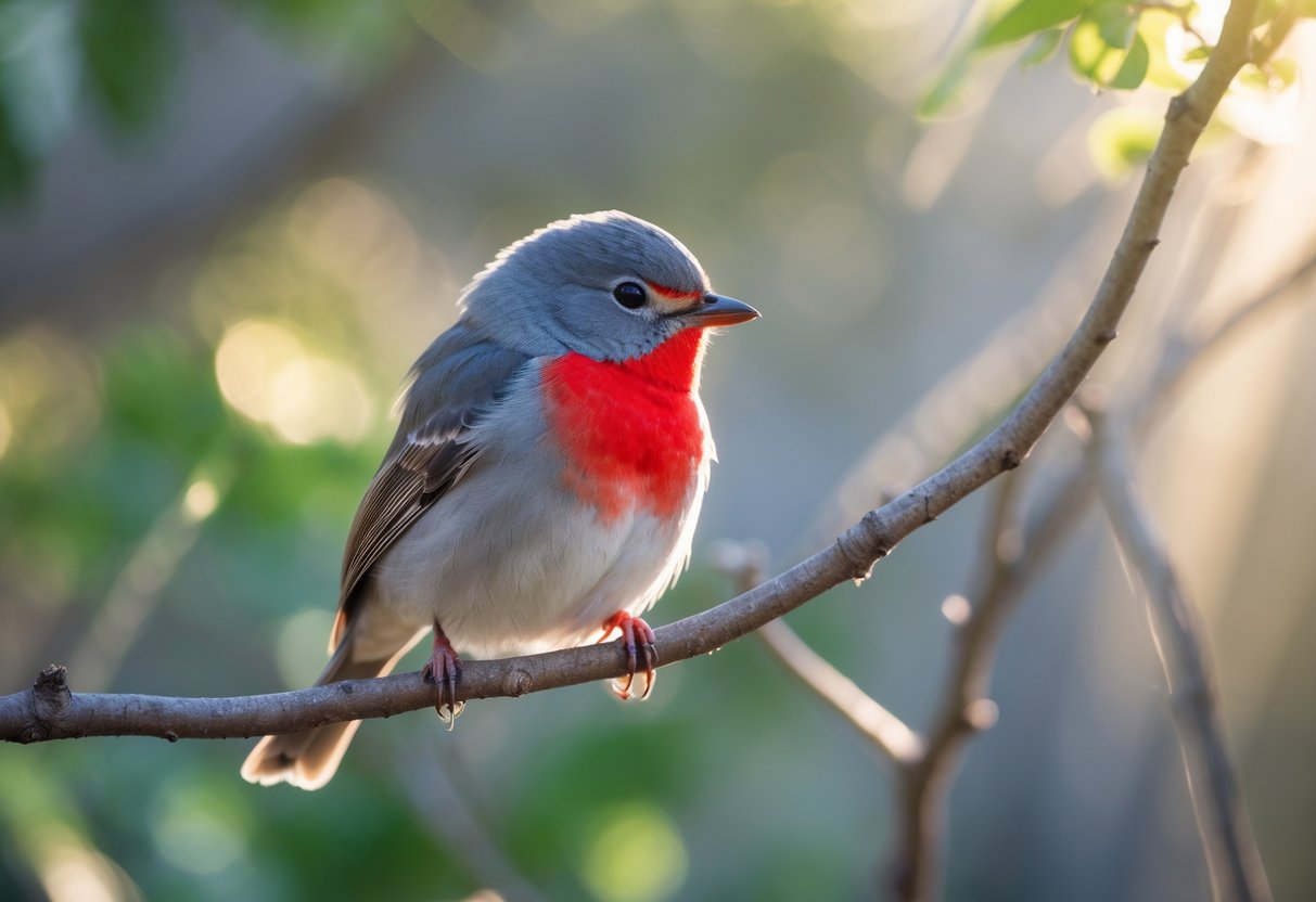 A small grey bird with a red chest perched on a tree branch surrounded by green leaves.