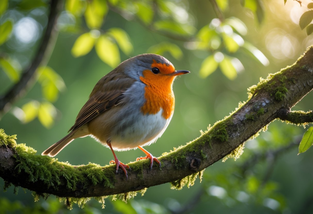 A European robin perched on a mossy tree branch in a green forest with sunlight filtering through leaves.